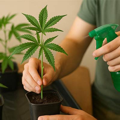 Junger Cannabis-Steckling in einem Topf wird mit Wasser besprüht – frühe Wachstumsphase im Indoor-Anbau